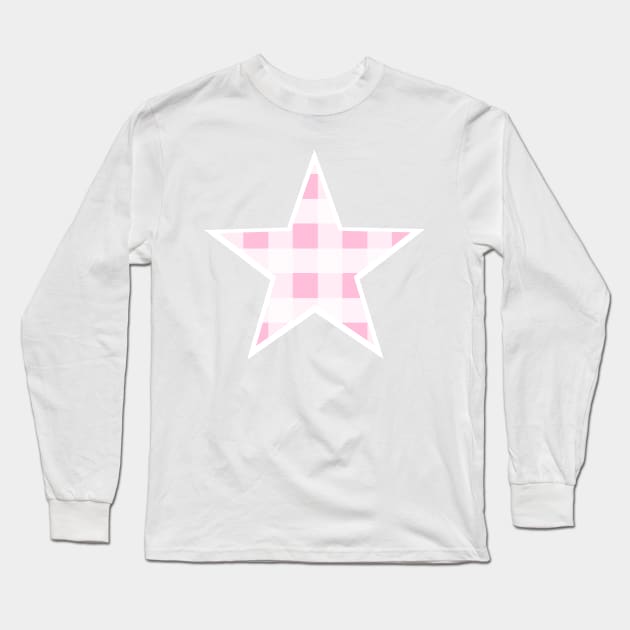 Soft Baby Pink and White Buffalo Plaid Star Long Sleeve T-Shirt by bumblefuzzies